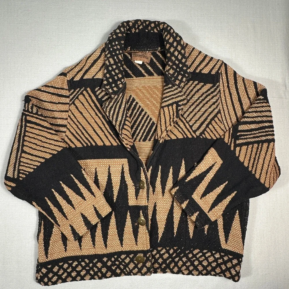 Vintage Painted Pony Southwestern Tapestry Knit Sweater Jacket Brown Black L